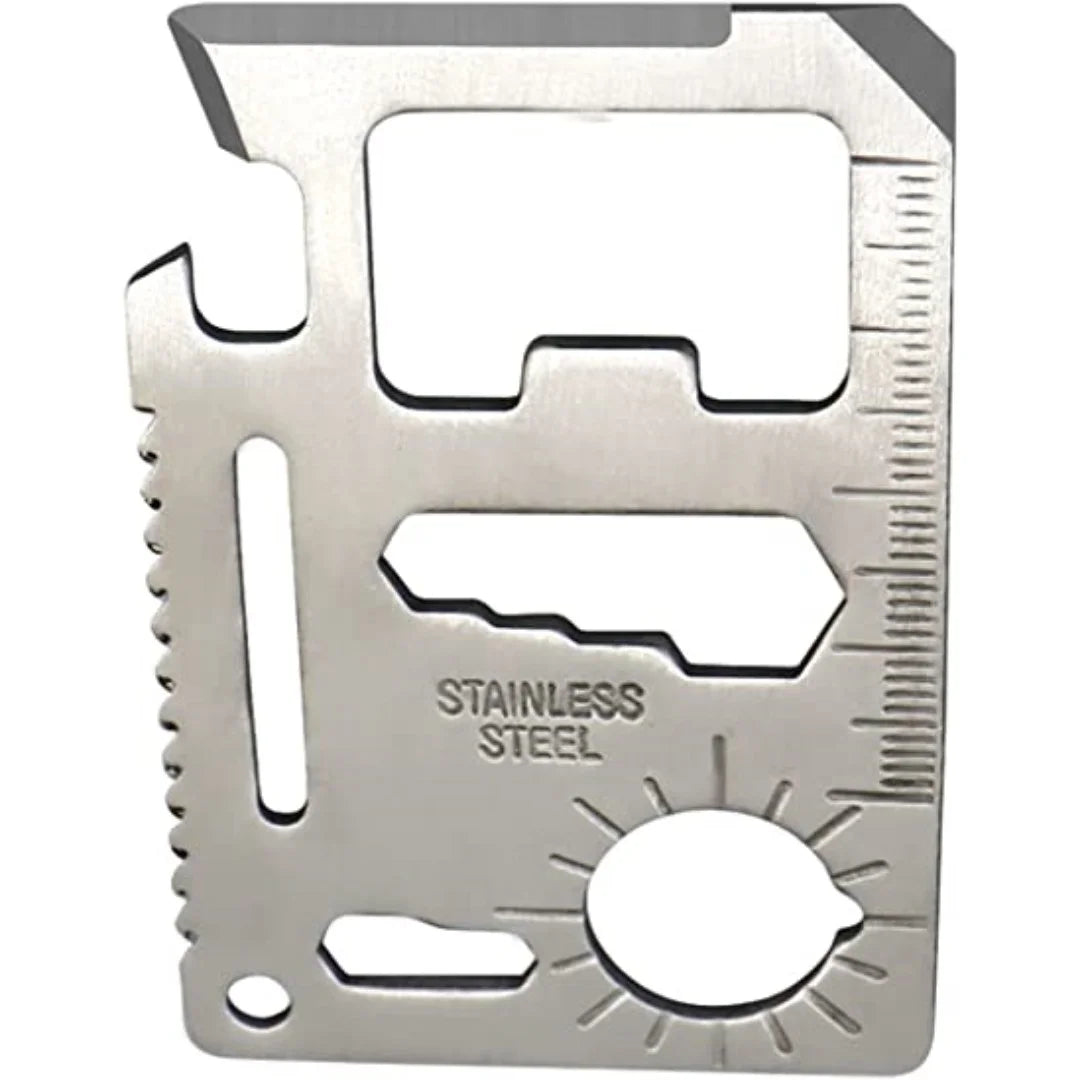 Close-up of saber card highlighting etched ruler, knife edge, and various tool cutouts