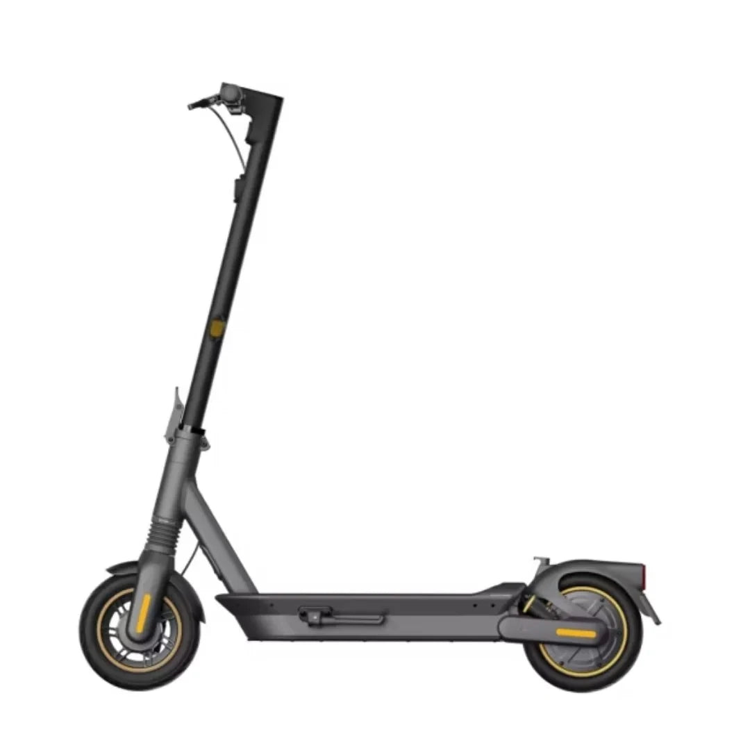 Side profile view of the Segway Ninebot KickScooter Max G2 with yellow-accented wheels and sleek black frame
