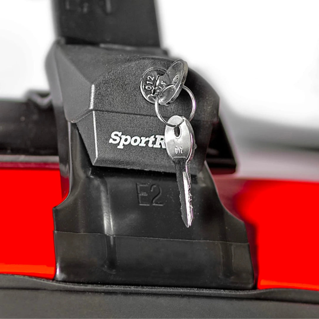 SportRack Flush Roof Rack foot close-up highlighting SportRack logo and key lock system