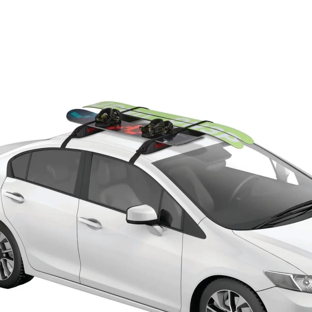 Yakima EasyTop Temporary Roof Rack holding skis and surfboard on car