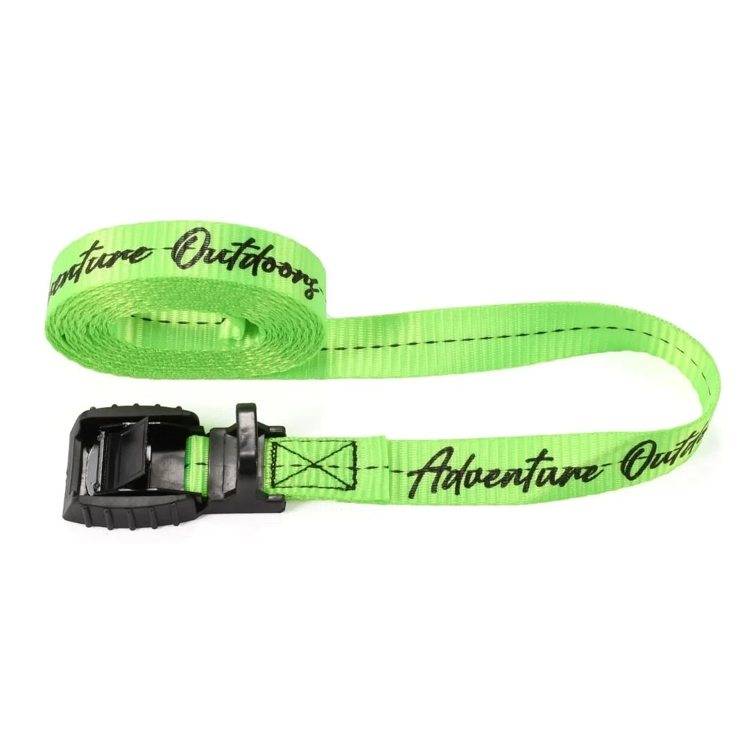 Green Adventure Outdoors cam buckle strap extended with buckle shown