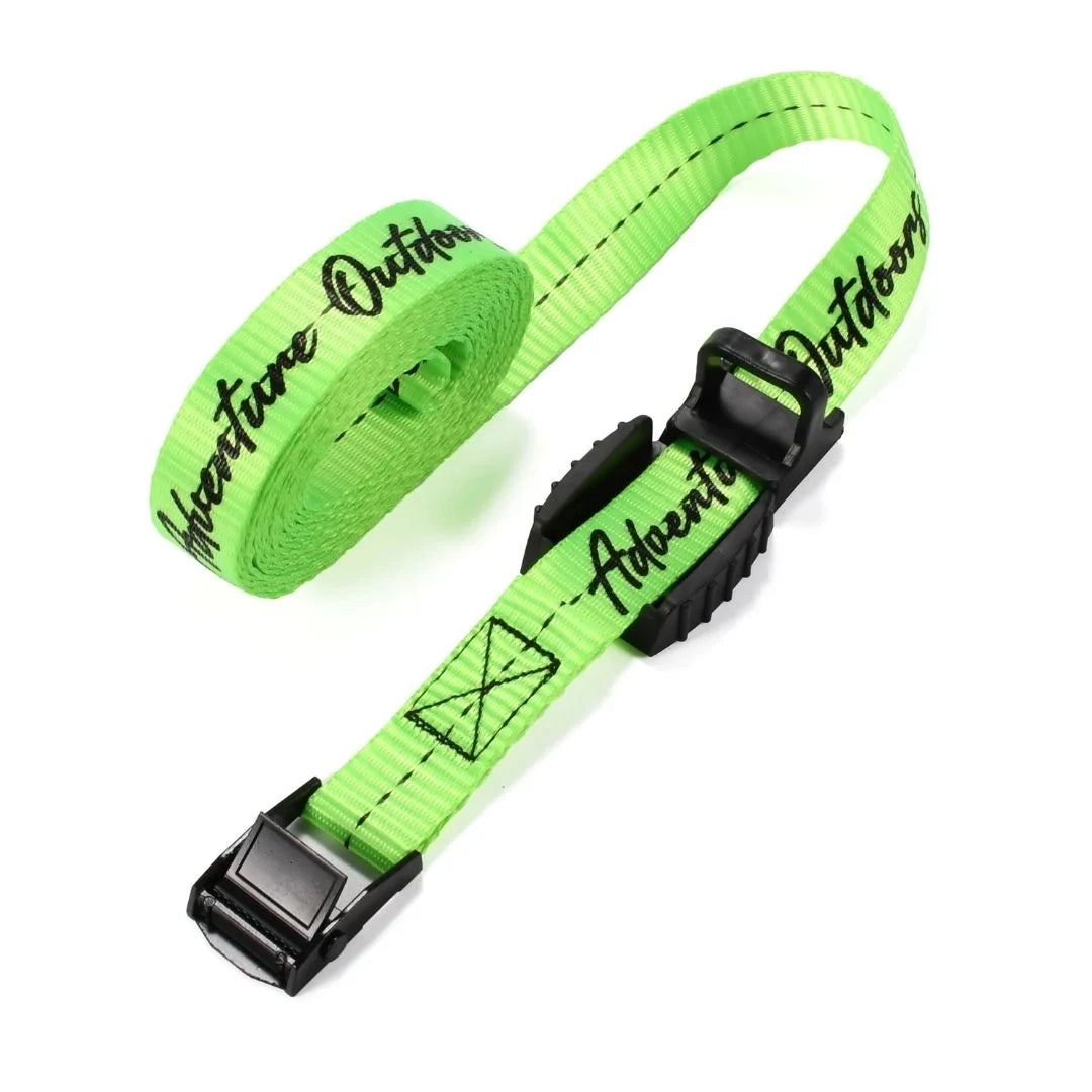 Green Adventure Outdoors cam buckle tie down strap coiled with buckle visible