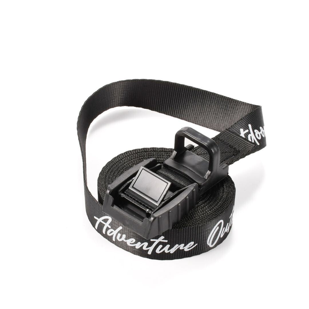 Black Adventure Outdoors cam buckle strap coiled with buckle on top