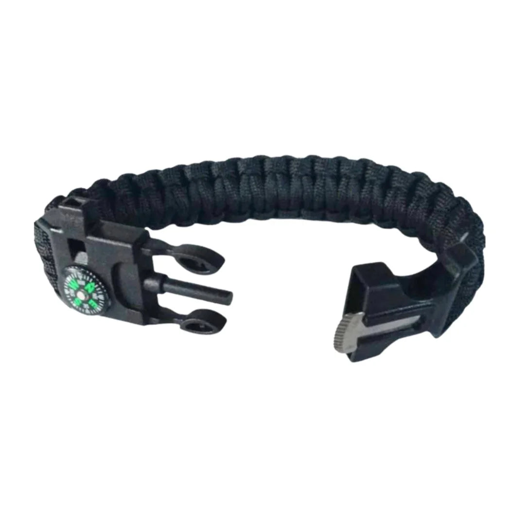 Close-up side view of black paracord bracelet showing buckle and compass details.