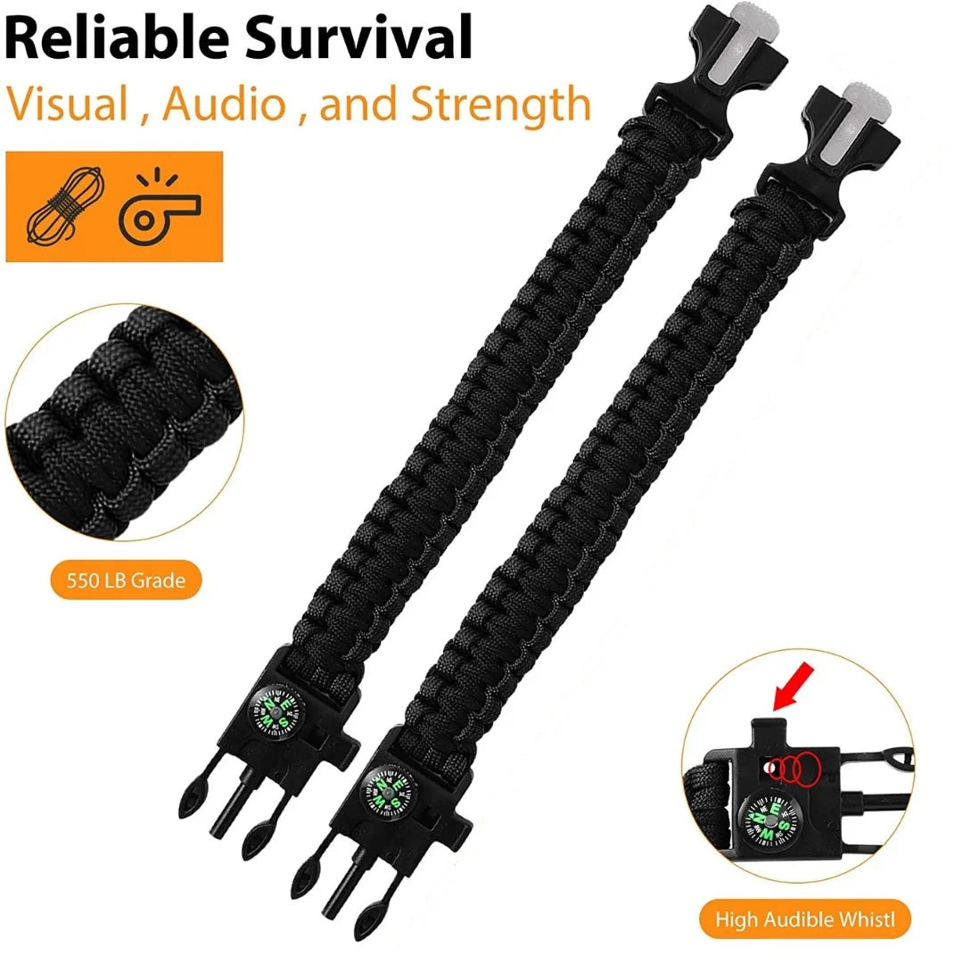 Two black paracord survival bracelets displayed with labeled features for reliable survival.