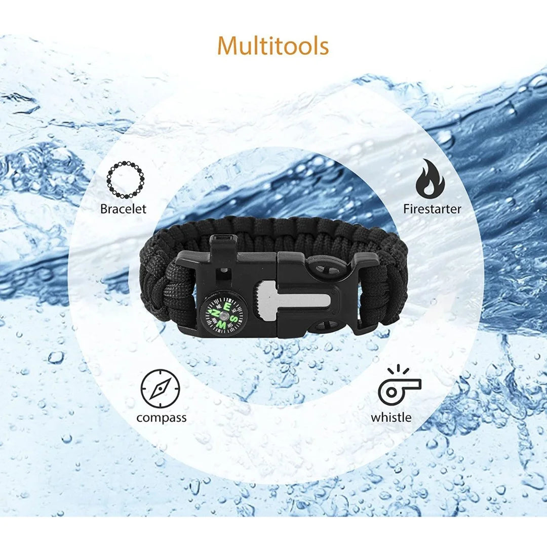 Infographic showing features of the paracord bracelet, including waterproof design and multi-tool capabilities.
