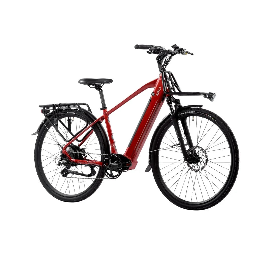 Angled front-side view of the iGO Core Elite 3D electric bike with disc brakes and riser handlebars visible