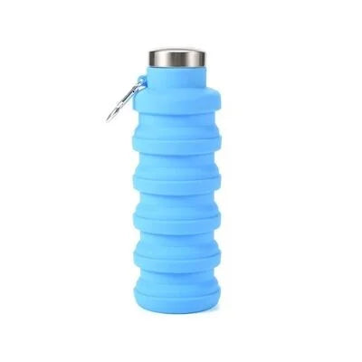 Light blue collapsible silicone water bottle fully expanded with stainless steel cap and carabiner