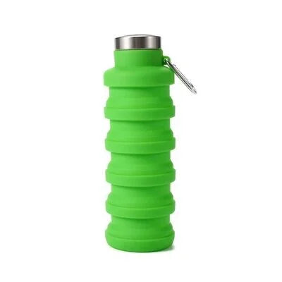 Green collapsible silicone water bottle fully expanded with stainless steel cap and carabiner
