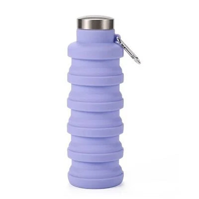 Purple collapsible silicone water bottle fully expanded with stainless steel cap and carabiner