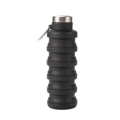Black collapsible silicone water bottle fully expanded with stainless steel cap and carabiner