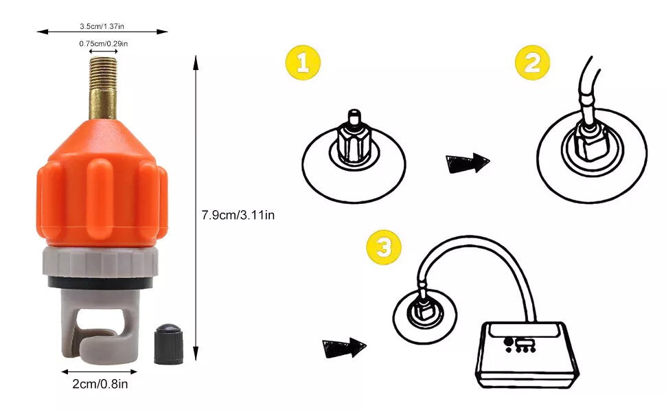 Step-by-step illustration showing how to connect AO adapter to a pump and SUP valve