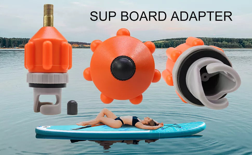 SUP board adapter placed next to paddleboard on water with label