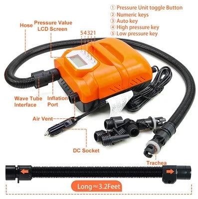 Detailed diagram of AO electric pump parts, hose, connectors, and nozzle types, highlighting 3.2-foot hose length