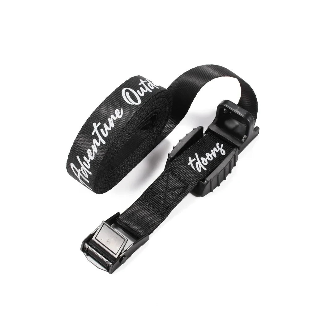 Black Adventure Outdoors cam buckle tie down strap coiled neatly