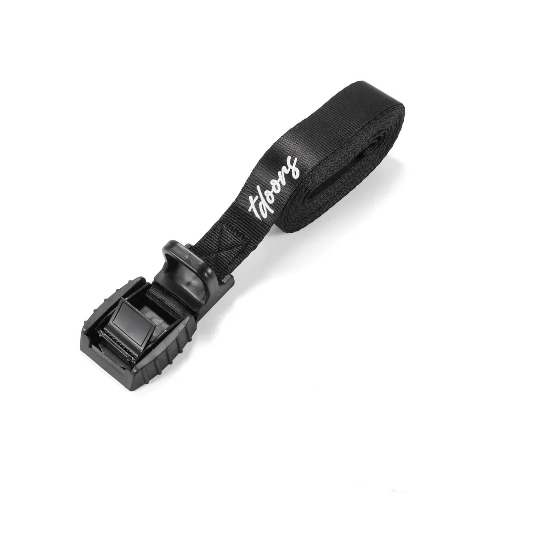 Black Adventure Outdoors cam buckle tie down strap folded with buckle on end