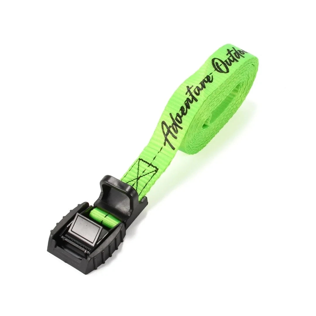 Green Adventure Outdoors cam buckle strap extended with buckle at end