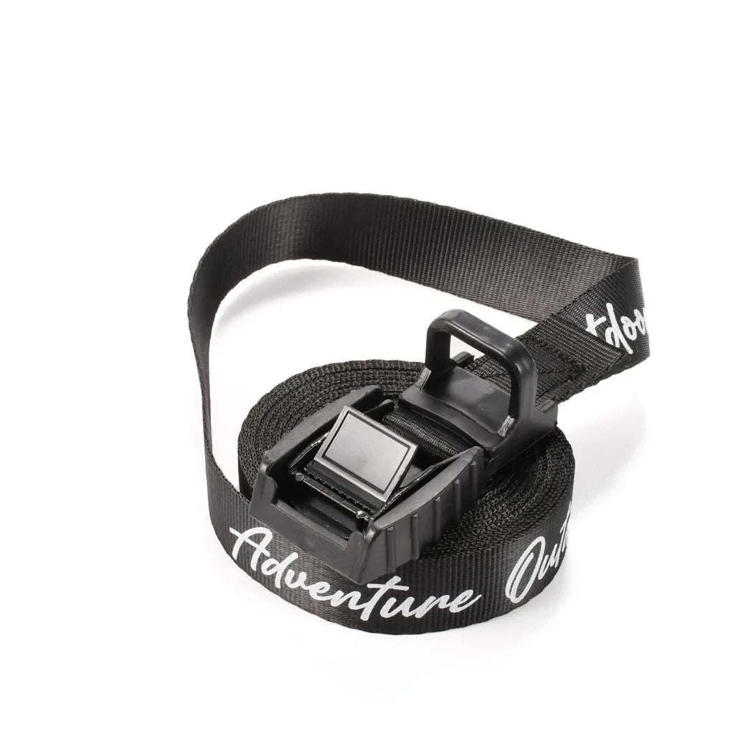 Black Adventure Outdoors cam buckle strap coiled with buckle visible