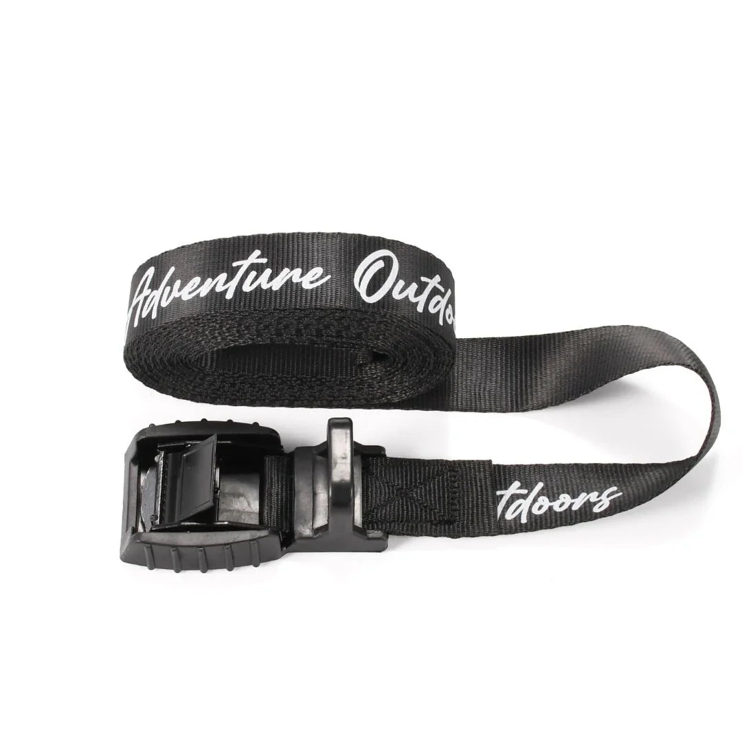 Black Adventure Outdoors cam buckle strap extended with Adventure Outdoors logo visible