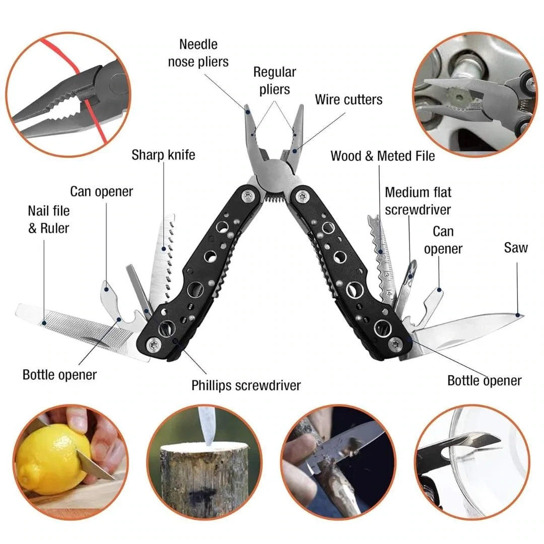 Diagram of Adventure Outdoors multi-function folding pliers highlighting 11 built-in tools with labeled features and usage examples