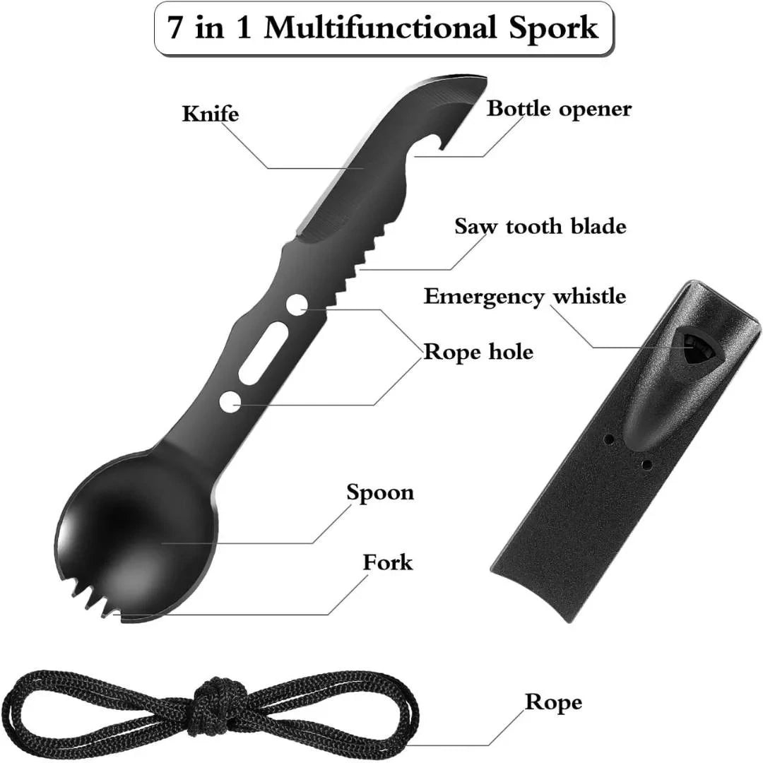 Diagram labeling features of Adventure Outdoors 7-in-1 spork including knife, fork, spoon, saw, bottle opener, whistle, and rope