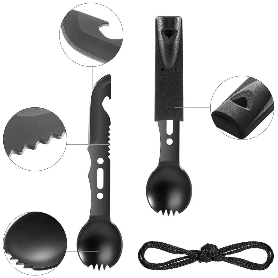 Adventure Outdoors multi-use spork shown with close-up of spoon teeth and included sheath and rope