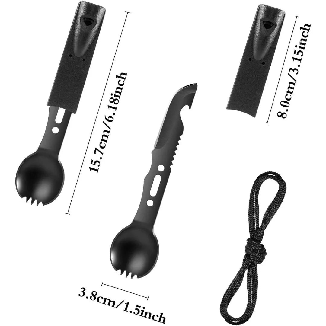 Measurement diagram of Adventure Outdoors spork highlighting dimensions and included accessories