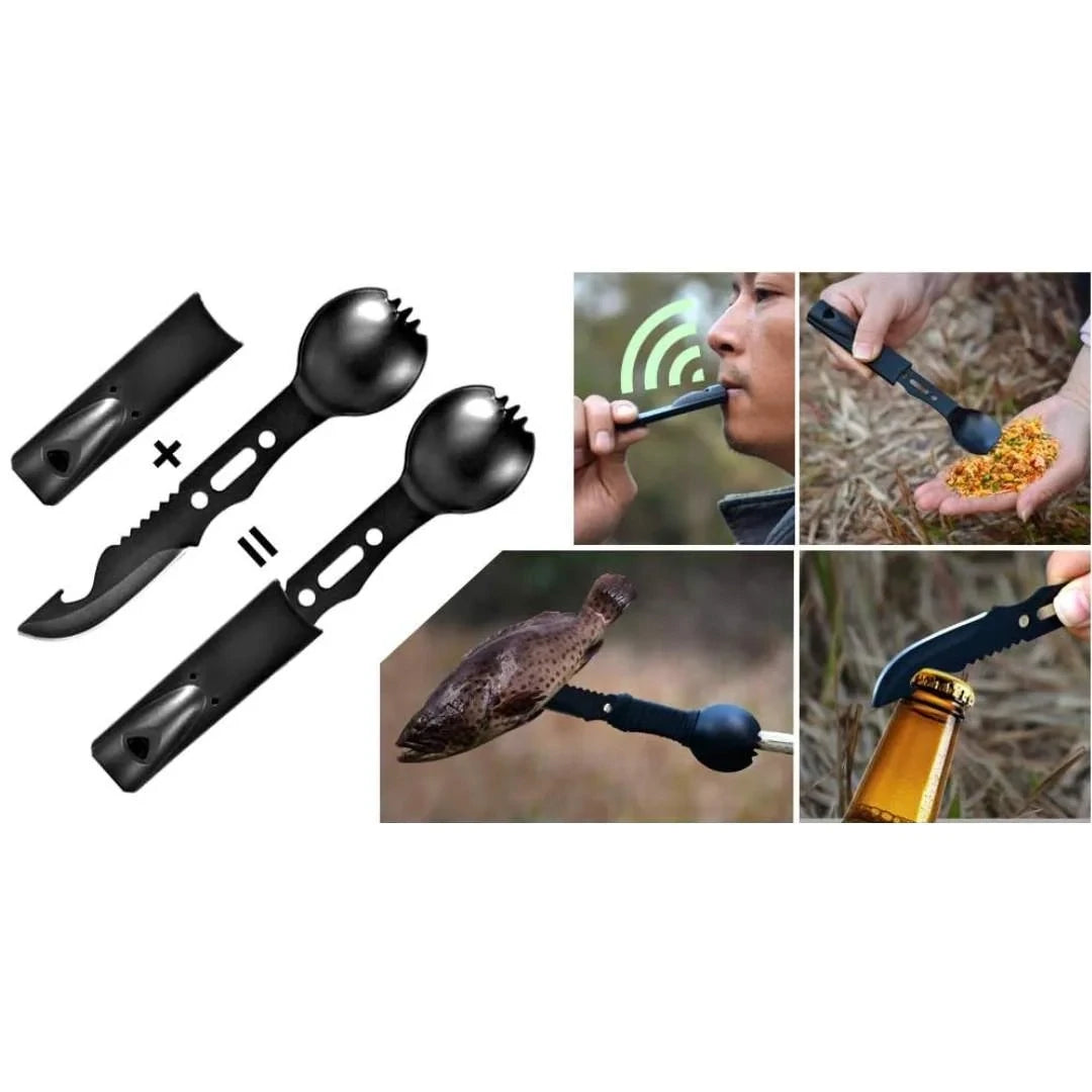 Adventure Outdoors spork in outdoor use scenarios including cutting, eating, and opening bottles