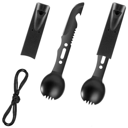 Adventure Outdoors multi-use spork with rope and sheath, showing spoon, fork, and saw blade features