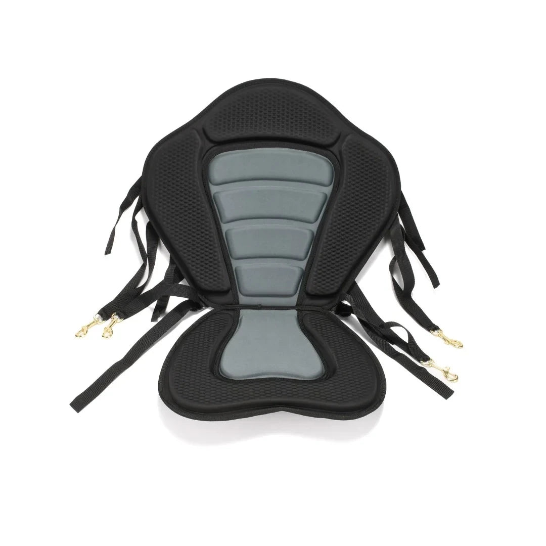 Front view of padded Adventure Outdoors kayak seat with cushioned back and seat pad, showing adjustable straps