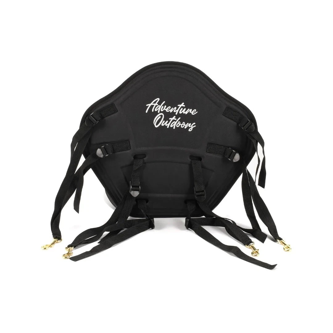 Rear view of Adventure Outdoors kayak seat with Adventure Outdoors logo and multiple attachment straps
