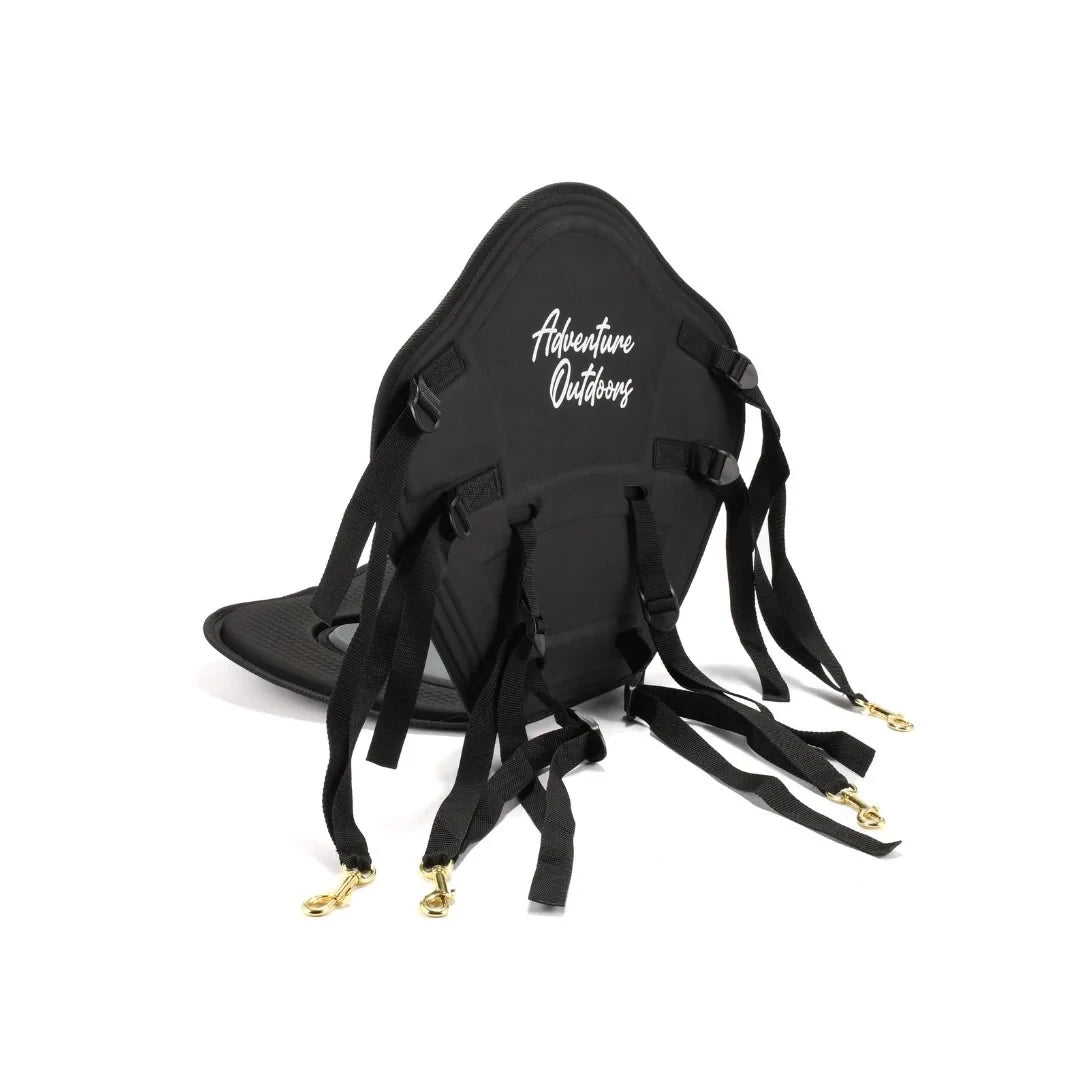 Angled rear view of Adventure Outdoors kayak seat highlighting adjustable straps and gold metal clips