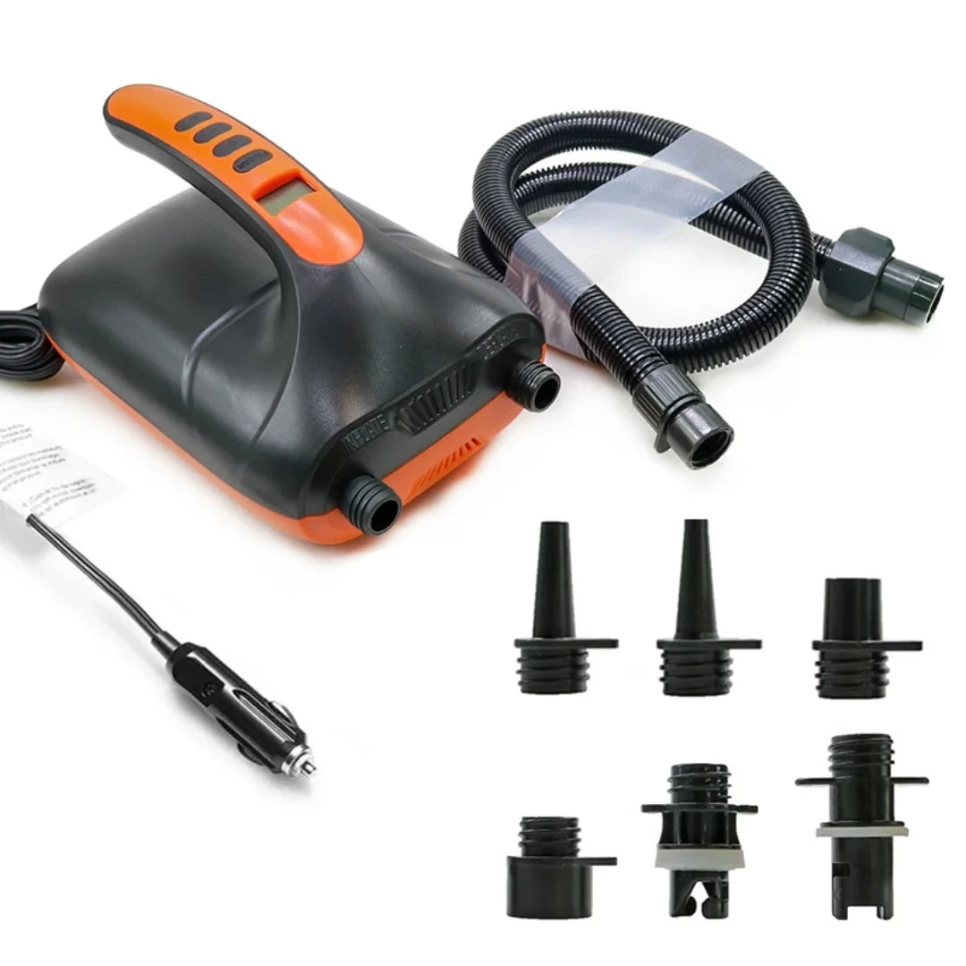 Adventure Outdoors electric SUP pump with hose, power cable, and six nozzles laid out