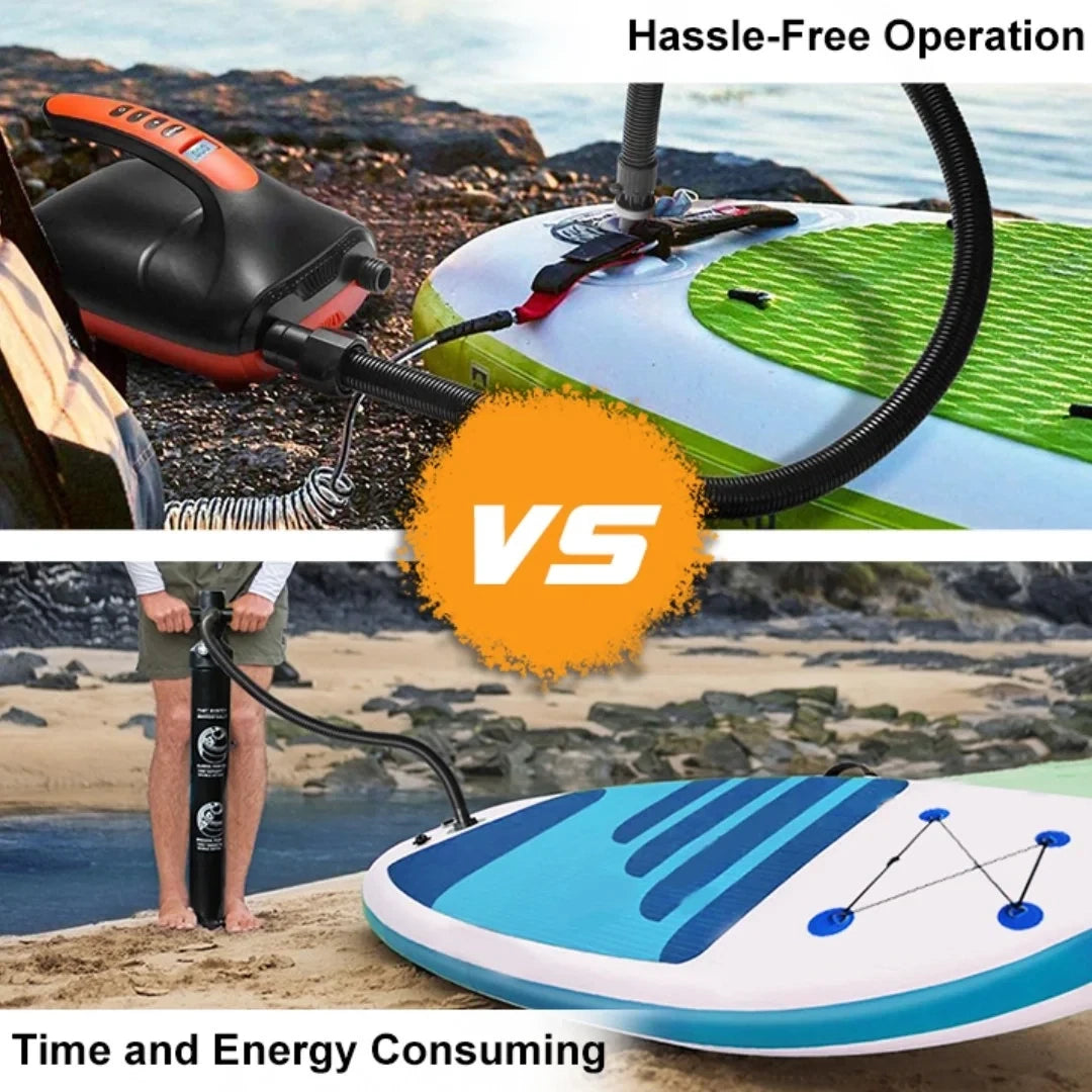 Graphic comparing manual pumping vs electric pump for faster, hassle-free SUP inflation