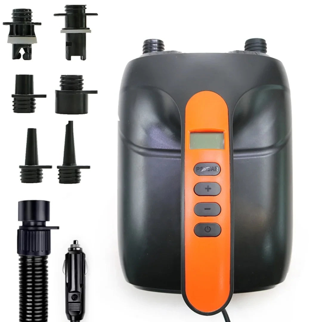 Top view of black and orange electric pump with six included nozzles