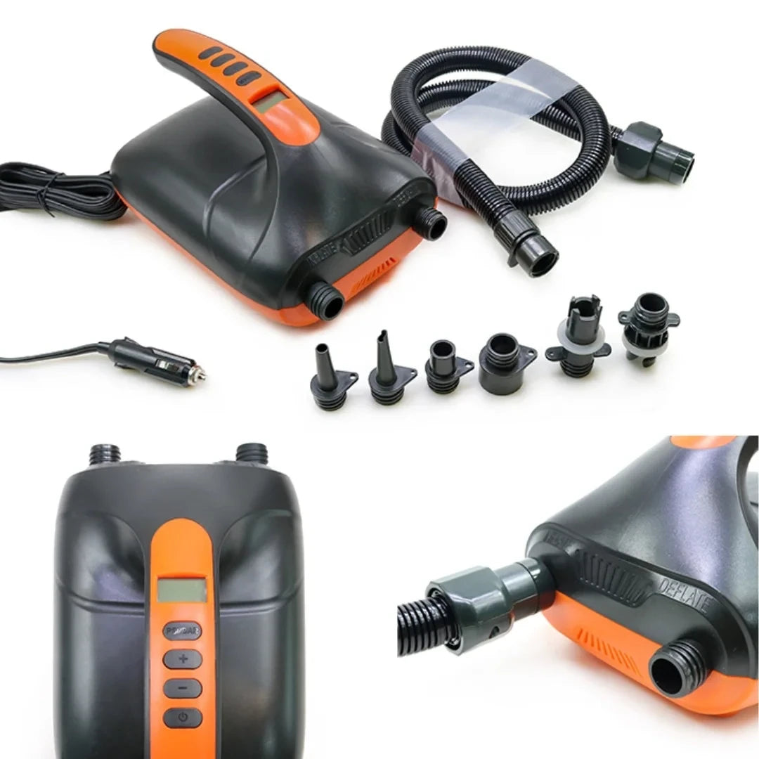 Angled view of black and orange electric pump with power cable and accessories