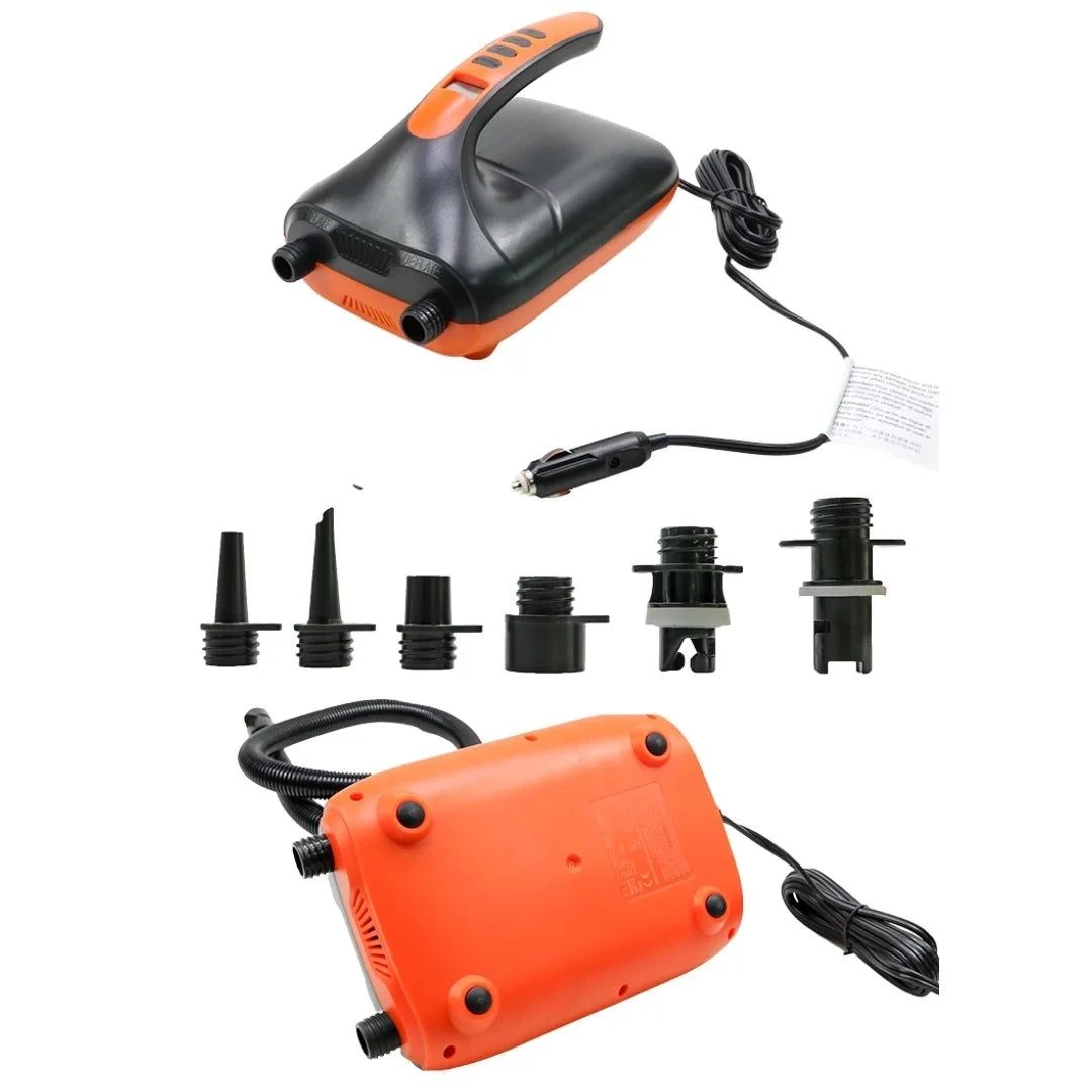 Bottom view of electric pump with nozzles and accessories displayed