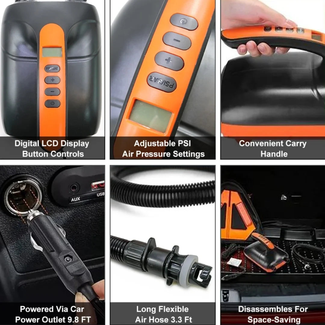 Collage of pump features including LCD display, adjustable pressure settings, carry handle, and DC power cord