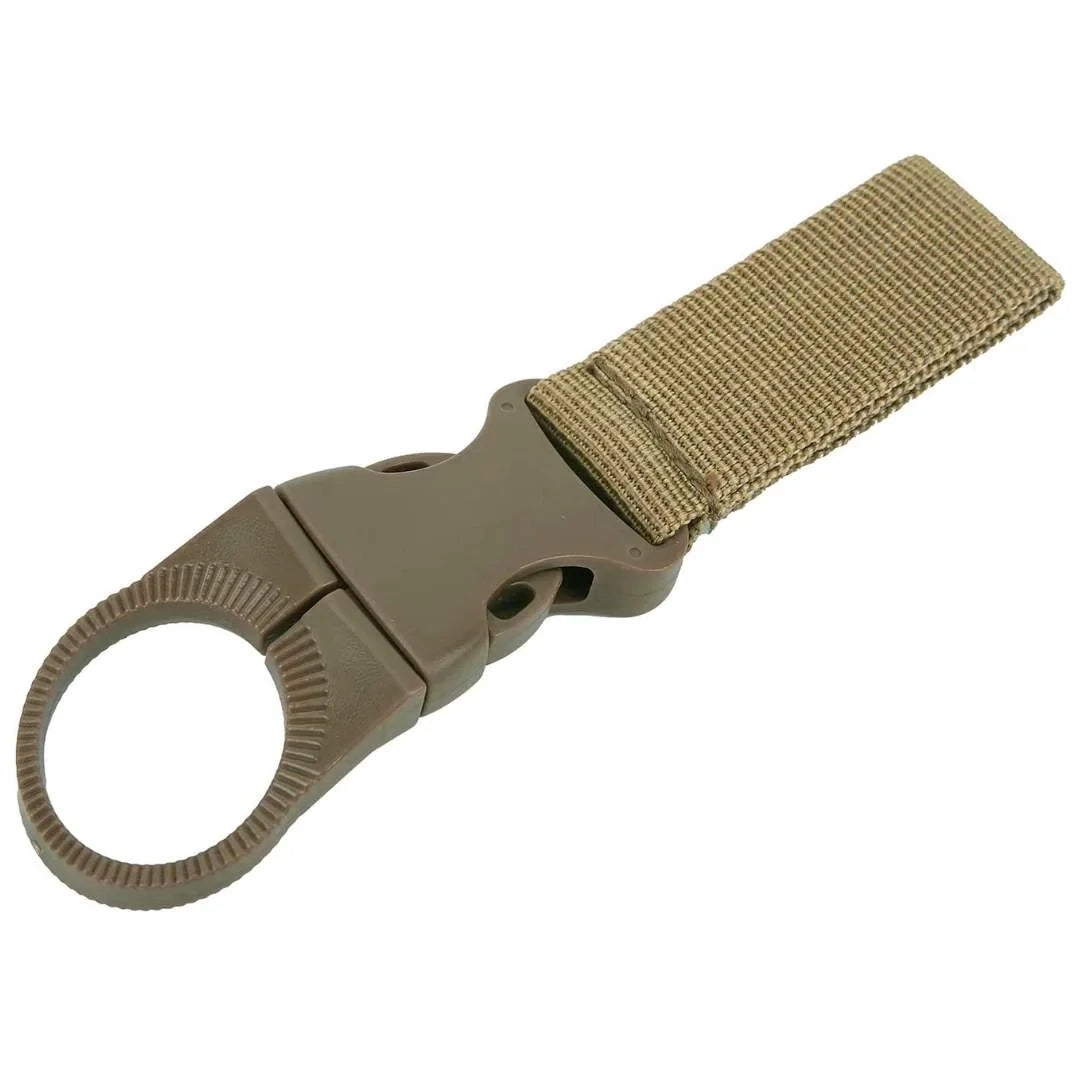 Adventure Outdoors water bottle clip with tan nylon strap and plastic holder shown on white background