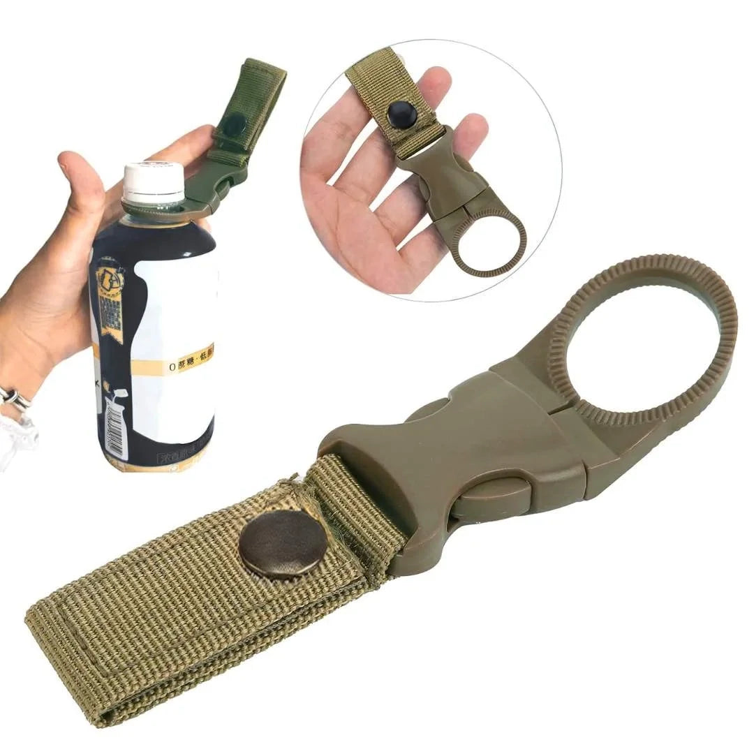 Hand demonstrating Adventure Outdoors water bottle clip holding a bottle for easy attachment