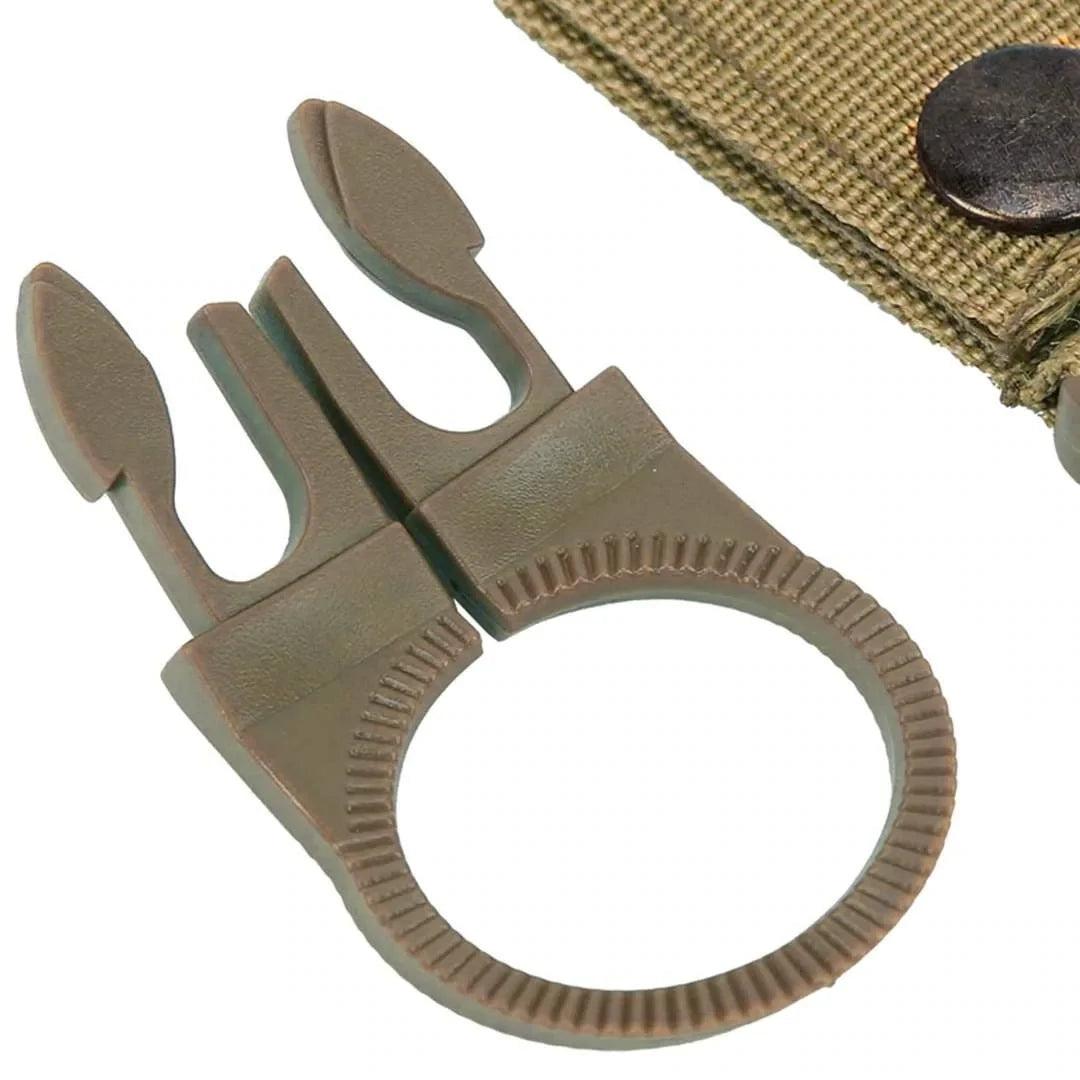 Adventure Outdoors water bottle clip laid flat showing open plastic holder and nylon webbing