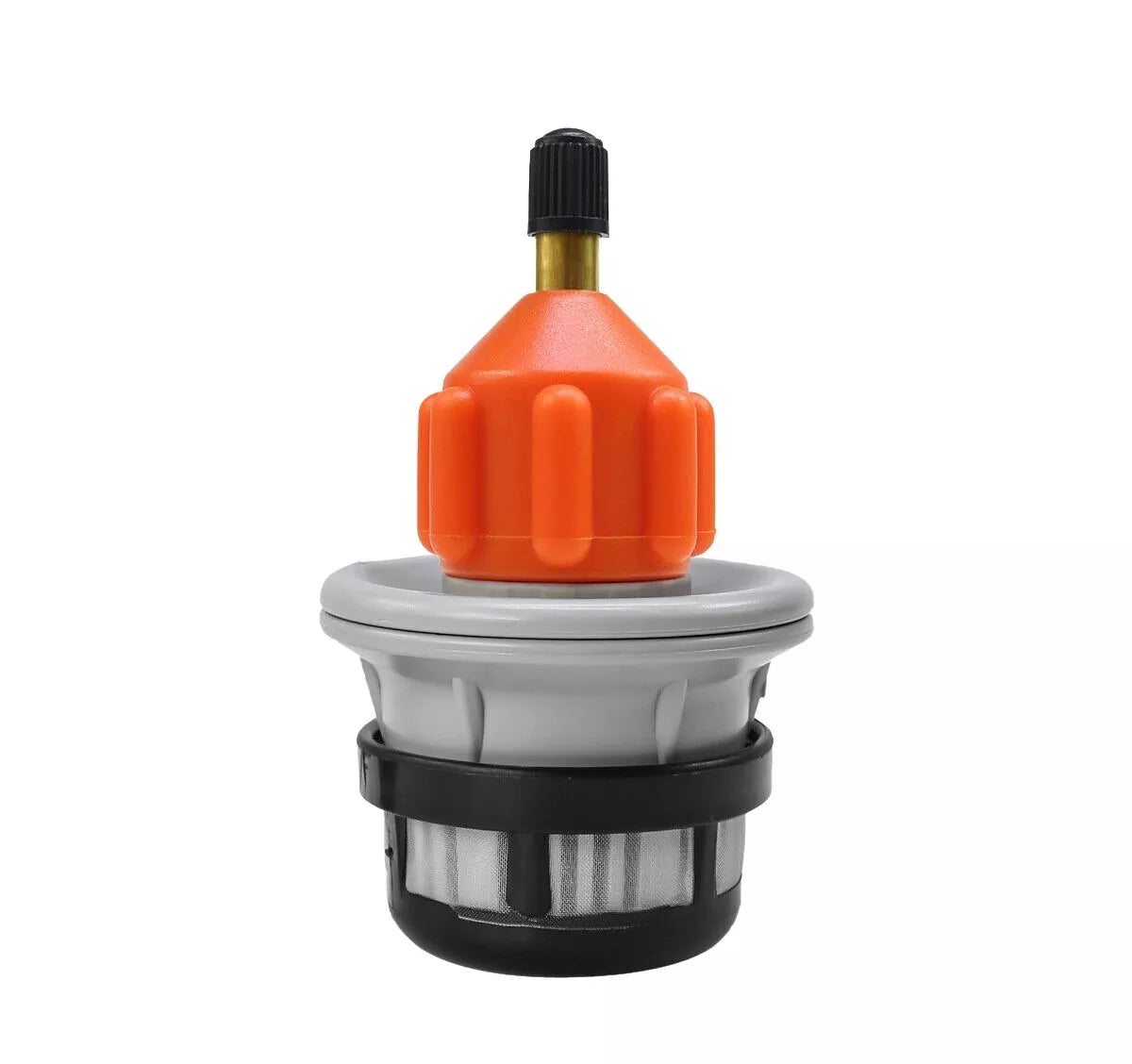 Close-up of AO paddleboard adapter with orange cap and black valve on white background