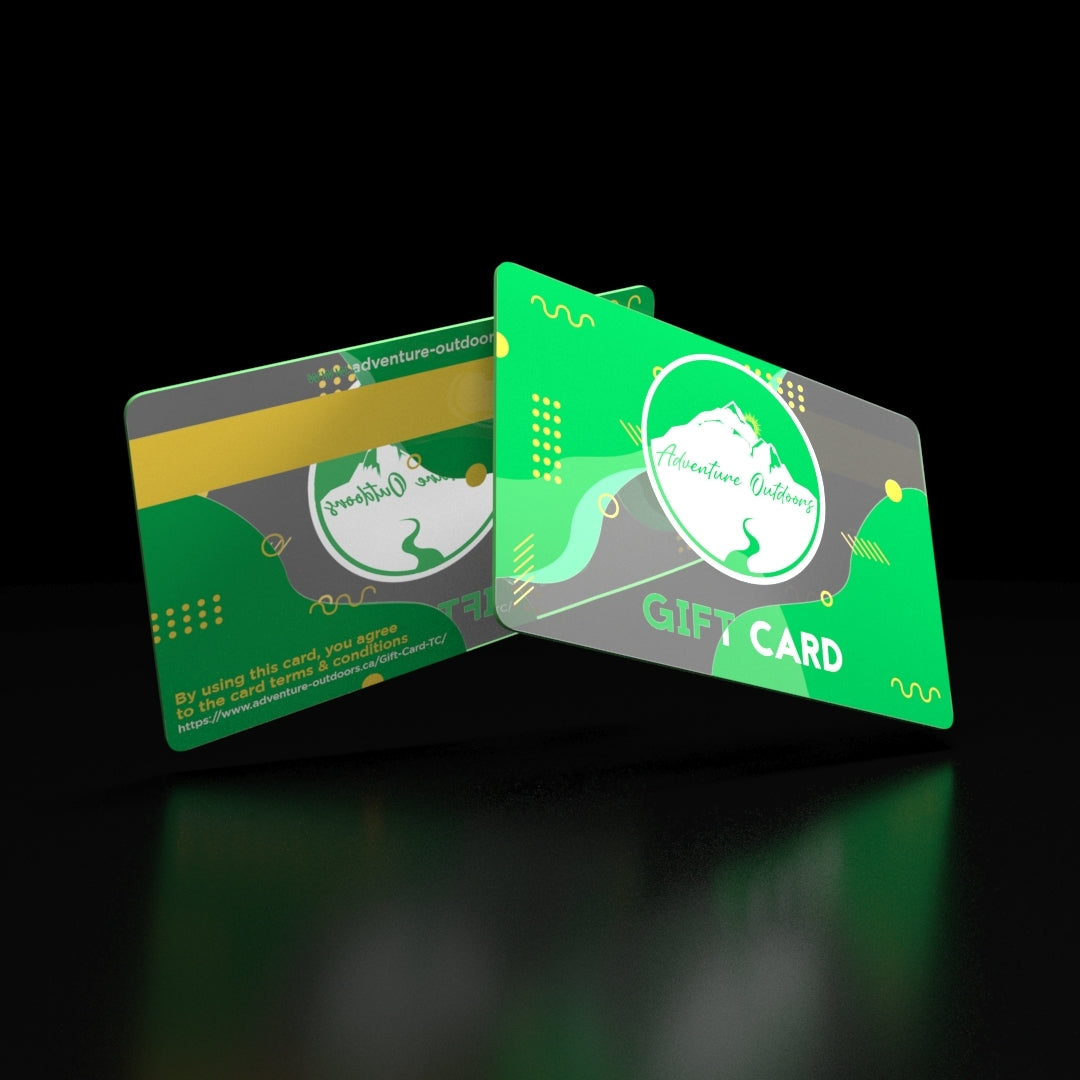 Two gift cards with green and yellow branding, one with a magnetic stripe on the left and the other with a logo and the text 'GIFT CARD' on the right.