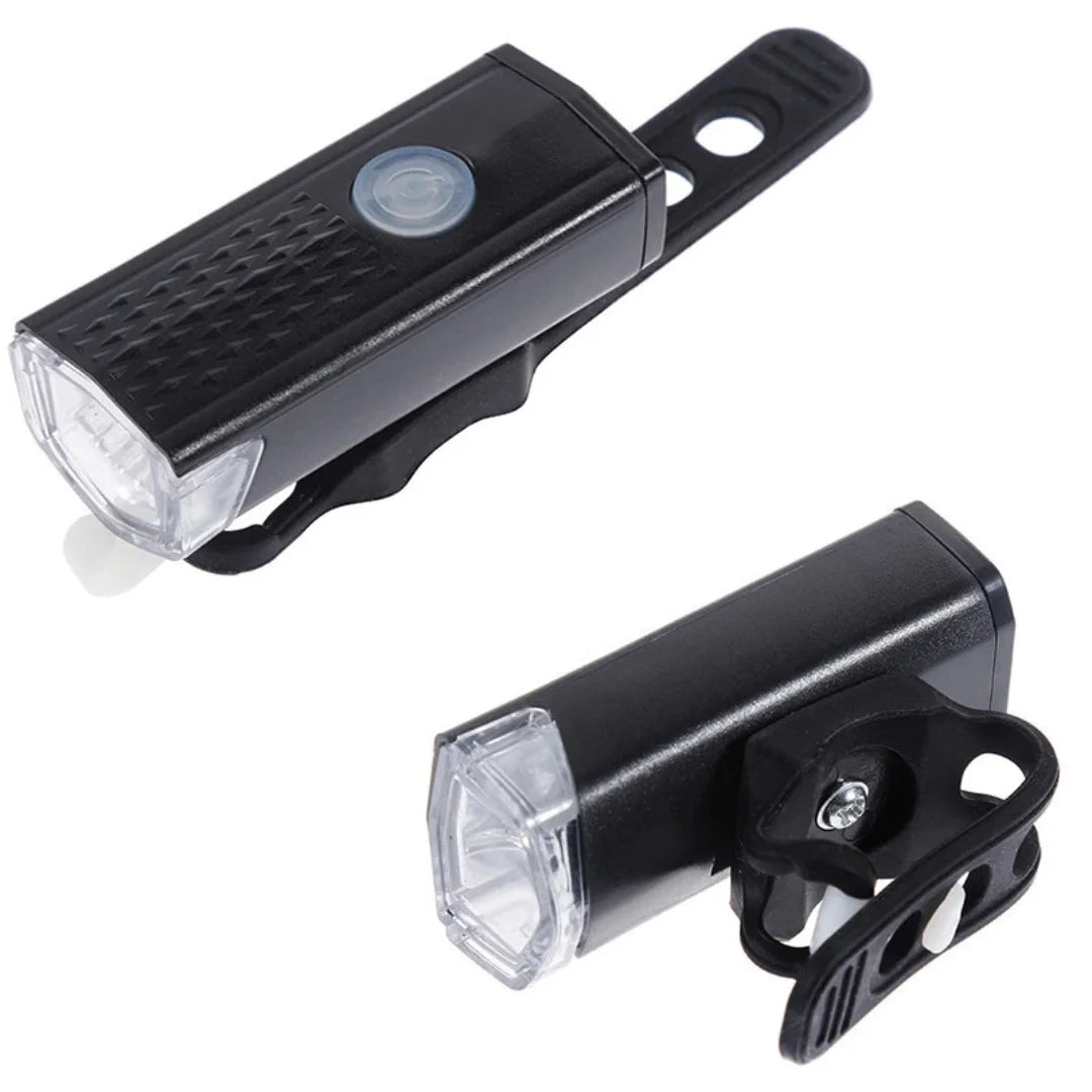 Close-up side view of AO LED bike headlight with USB charging port visible