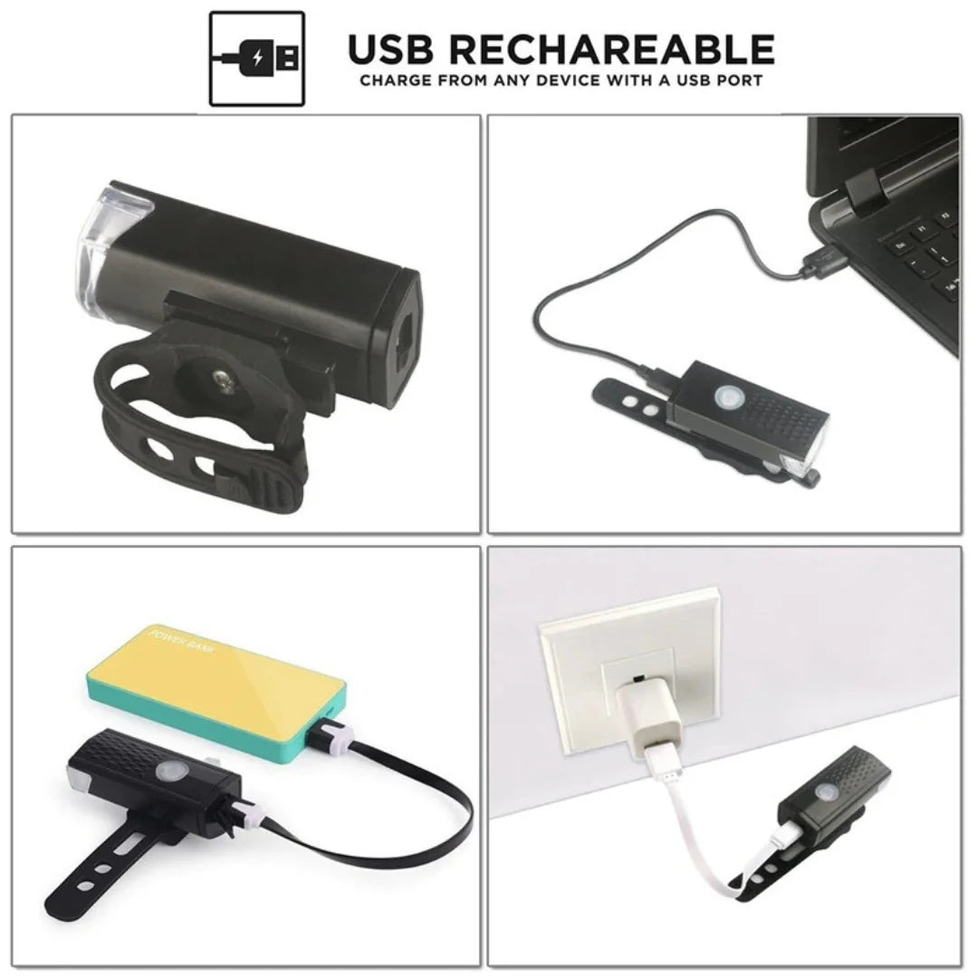 AO LED bike headlight showing USB recharging options with cable and port