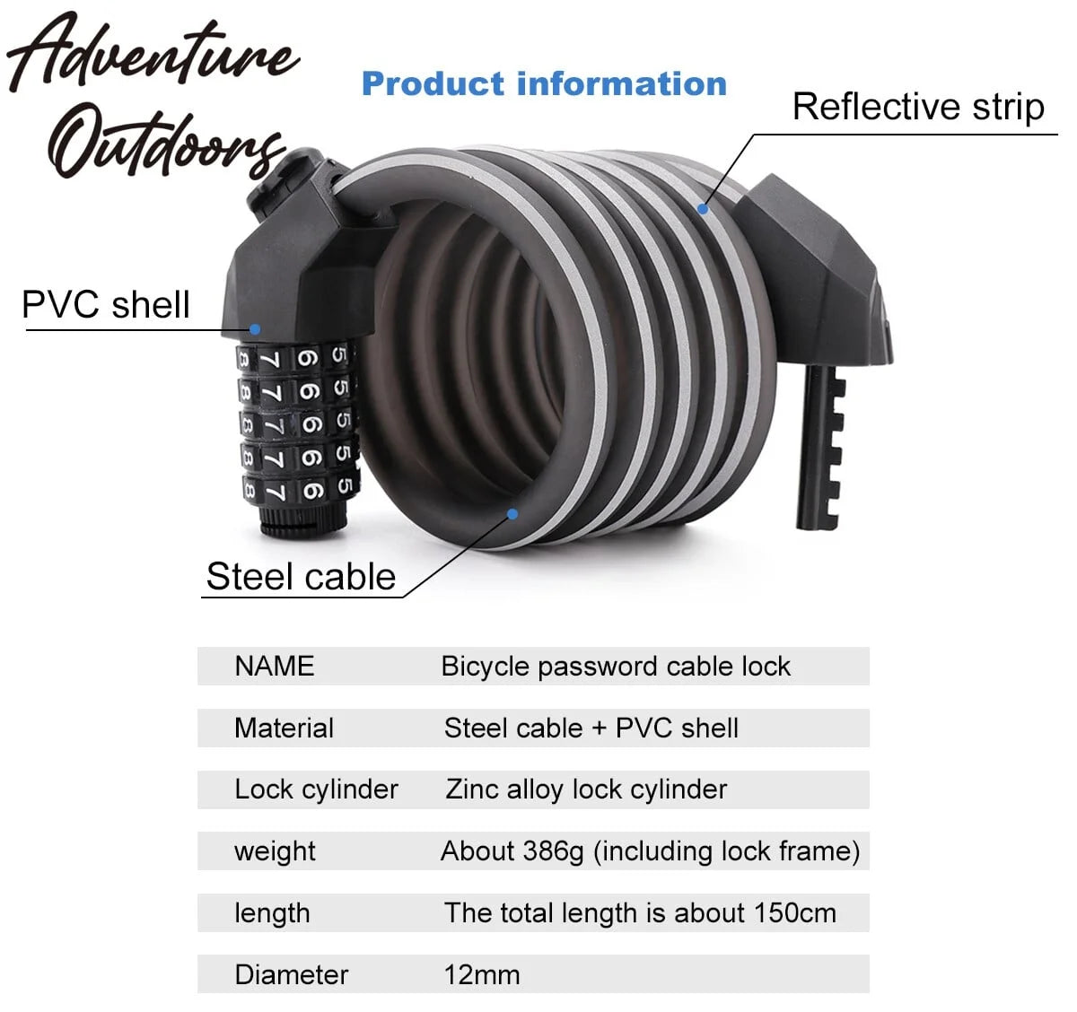 Infographic showing Adventure Outdoors combination lock specifications and reflective safety feature