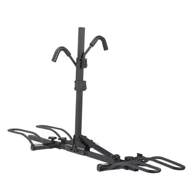 CCM 2-Bike Platform Hitch Carrier in black, shown upright with wheel holders and support arms on white background
