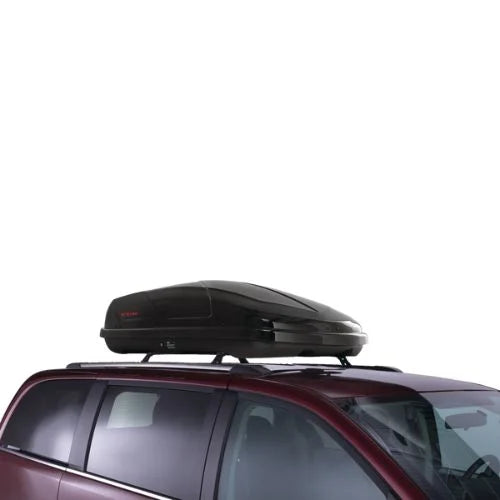 CCM Rooftop Cargo Box installed on red SUV with roof rails, side profile view