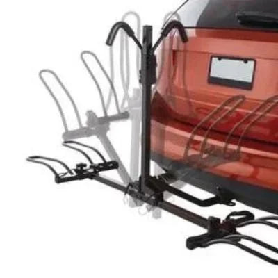 Action view of CCM 2-Bike Carrier folding at hinge near hitch for compact storage while mounted