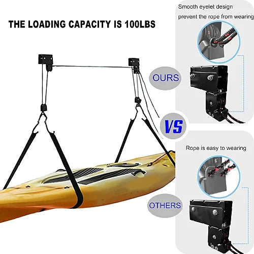 Onefeng kayak lift ceiling hoist system holding 100 lbs compared to generic system – smooth pulley eyelet design protects rope durability